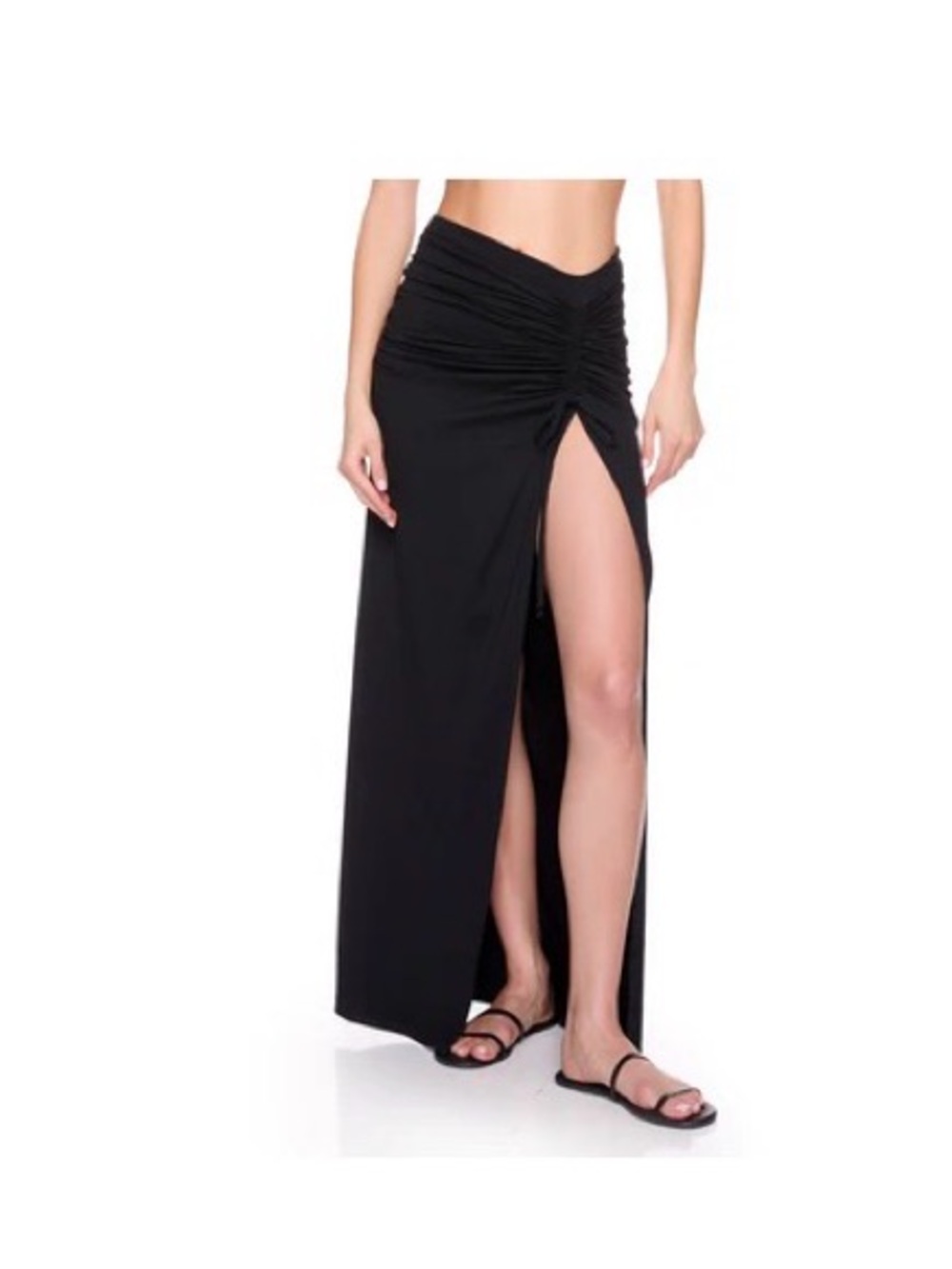 Susana Monaco Black Ruched High-Slit Maxi Skirt
